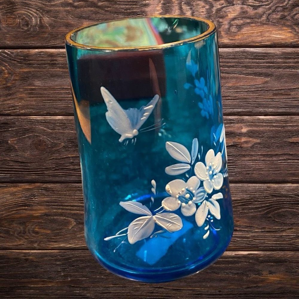 Blue Glass Paneled Tumbler Hand Painted and Gold Trim